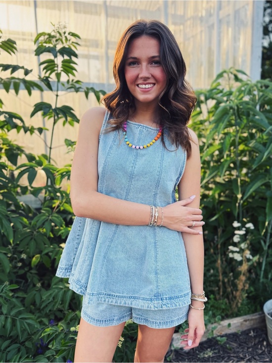 Vici Pants - Cassius denim set tank top light wash sleeveless shorts chambray desert muse